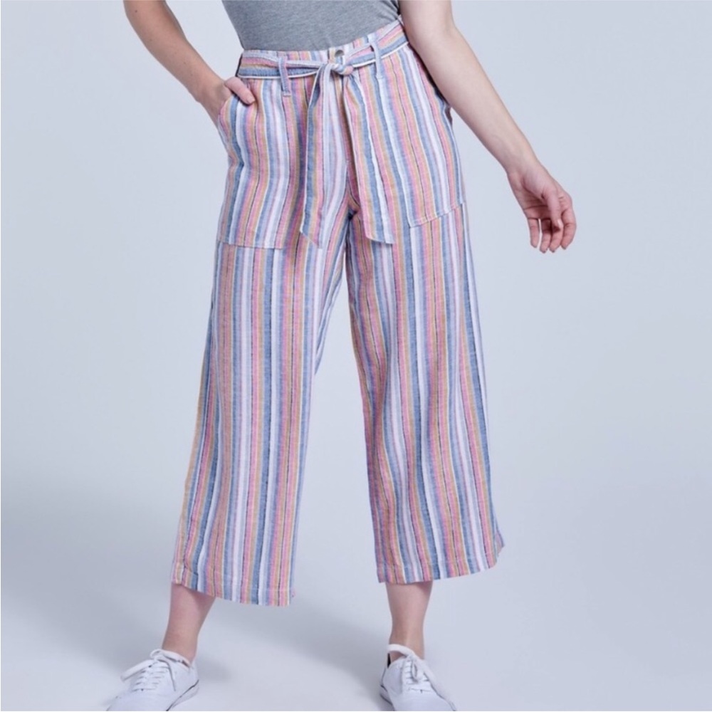 Women's Gaucho Striped Linen Blend Multicolor Pull On Capri Wide Leg Pants 12